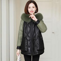 Women's Trench Coats Women Leather Down Cotton-Padded Jacket Overcoat Loose Long Hooded Warm Parka 2023 Autumn Winter PU Coat Female Outwear