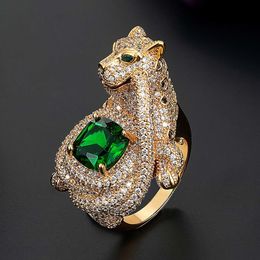 Wedding Rings Zlxgirl Fashion Woman Statement Leopard Shape Animal Finger Ring Green Zircon Eyes Dubai Gold Color Ring couple bijoux Aneis 230831