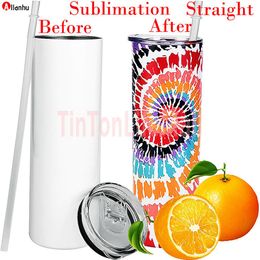 US Stock Sublimation Tumblers 20 Oz Stainless Steel Straight Blank Mugs white Tumbler with Lid and Straw 50pcs carton 20oz T0601x32546