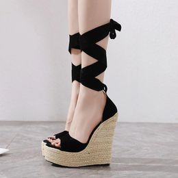 Sandálias verão 15.5cm salto alto espadrille cunha preto moda grossa plataforma de fundo aberto senhoras rendas até sandália sapatos