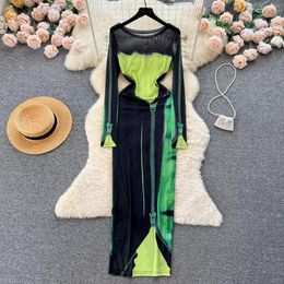 Casual Dresses Sexy Print Mesh Long Sleeve Dress Chic Elegant Vestidos Vintage O-Neck Summer Women Korean Fashion Hip Wrap