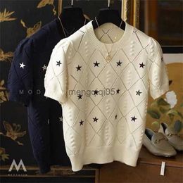 Women's Sweaters Star Plaid Knitted T-shirt Short Sleeve Hollow Out Women Tops Knitwear Crochet Sweater O Neck Tee Femme Spring Autumn Ice H236 HKD230831