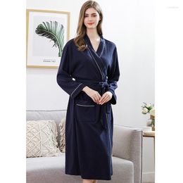 Women's Sleepwear Waffle Bathrobe Spring Autumn Cotton Solid Long Sleeve Laides Dressing Gown Pockets Kimono With Sashes For Female