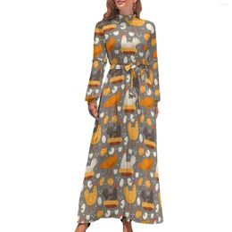 Casual Dresses Funny Chicken Print Dress High Neck Hen On Nest Egg Graphic Boho Beach Long Sleeve Stylish Maxi Sexy Clothing