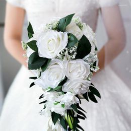 Decorative Flowers Wedding Bouquet For Bride 10 Inch White Bridal Holder Artificial