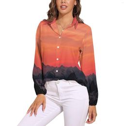 Women's Blouses Mountain Print Loose Blouse Orange Sunset Korean Fashion Oversize Female Long-Sleeve Cute Shirts Summer Custom Top