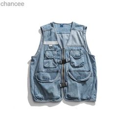 New Stylish Cool Mens Denim Vest Loose Fit Street Vintage Multi Pockets Retro Waistcoat Sleeveless Jeans Jacket For Men HKD230831