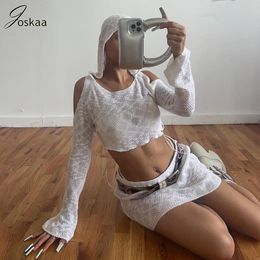 Two Piece Dress Joskaa Crochet Knit Set Women Casual Hooded Long Sleeve Crop TopsMini Skirts Matched Fall 2023 Fashion Street Outfits 230830