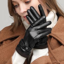 Leather gloves designed for women in winter warm and wool thickened windproof and cold touch screen electric bike riding black