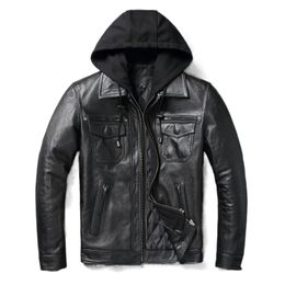 Men's Leather Faux Removable Hooded Jacket Men Genuine Cowhide Coat Slim Biker Clothing Mens Winter Veste Cuire Homme 230831
