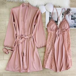 Women's Sleepwear Women Two Pieces Kimono Bathrobe Gown With Chemise Lace Nightgown&Robe Suit V-Neck Summer Loungewear Sexy Nightdress