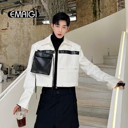 Men's Jackets Splice Leather Detachable Pocket Jacket Men Korean Streetwear Fashion Loose Causal Vintage Short Male Model Coat