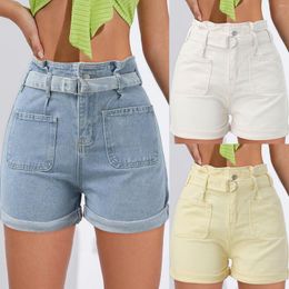 Women's Shorts Summer Flower Bud Denim With Belt High Waisted Wide Leg Drawstring Jeans Pockets