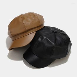 Berets Fashion Solid Color Octagonal Cap Hats Female Autumn Winter Leather Retro Stylish Artist Painter Sboy Caps Beret Woman