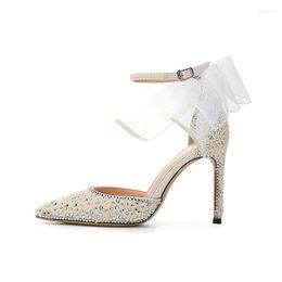 Sandals 2023 Luxury Beaded Slim High Heel Pointed Toe Wedding Dress Heels 35-41 Open Lace Bow Tie Women's Shoes