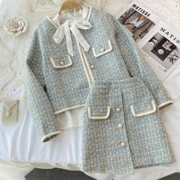 Two Piece Dress Autumn 2 Pieces Set Elegant Fashion Vintage Plaid Tweed Long Sleeve Jackets Coat Irregular A-Line Mini Skirts Femame Suit 230830