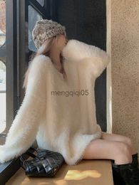 Women's Sweaters 2022 Winter V-Neck Elegant Sweater Women Casual Outwear Faux Fur Knitted Pullover Office Lady Y2k Clothing Korean Fashion Chic HKD230831