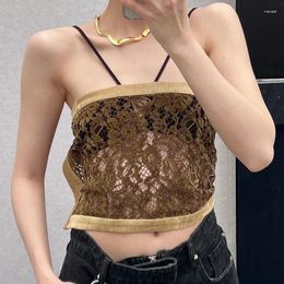 Women's Tanks Bandage Design Thick Lace Sexy Patchwork Bra Top Brown Black Slim Wear Inside Out Vest 2023 Summer Party Holiday Chic