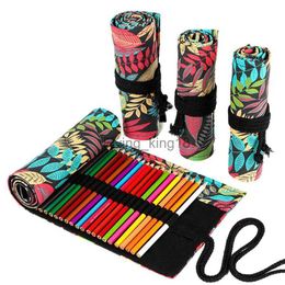 Pencil Bags 12/24/36/48 Holes Tree Leaf Canvas Roll Pen Curtain Pencil Bag Case Makeup Wrap Holder Storage Pouch School Supplies HKD230831