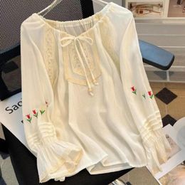 Women's Blouses Korean Apricot Flare Sleeves Shirts Autumn Ethnic Style Embroidery Long Sleeve Top