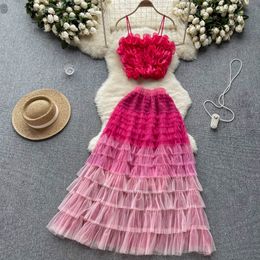 Two Piece Dress Highend Socialite Suit Female Threedimensional Flower Net Gauze Camisole Vest Fairy Halflength Skirt Twopiece Set 230830