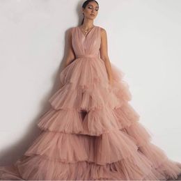 Fluffy Dusty Pink Tulle Prom Dresses V Neck Tiered Layer Saudi Arabia Long Ruffles Formal Evening Gowns Floor Length Robe De Soiree