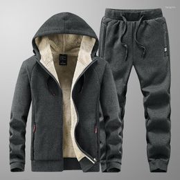 Men's Tracksuits Hoodies Pants Two-pieces Sets Fashion Men Solid Cotton Zipper Winter Thick Tracksuit Casual Lamb Wool Set Warm