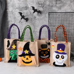 Halloween Gift Jute Burlap Tote Bag Black Hat Pumpkin Witch Horror Ghost Festival Party Candy Bags for Trick or Treat Happy Halloween Day Decor