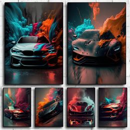 Canvas Painting Gran Turismo Colourful Smoke Sports Car Poster Futuristic Famous Cars Art Print Home Living Room Man Bedroom Decor Wall Art Picture No Frame Wo6