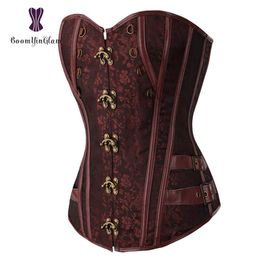 Waist Trainer Brocade Steampunk Jacquard Faux Leather Studded Overbust Brown Corset Bustier With Chains S-6XL 916#263A
