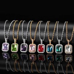 Pendant Necklaces Custom Hiphop Bling Cz Charms More Color Aquamarine Red Ruby Emerald Rose Gold Plated Magnolia Crystal Pendant With Rope Chain 230831