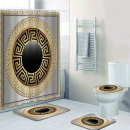 Shower Curtains Stylish Grecian Greek Key Meanders Mandala Pattern Shower Curtain and Rug Set Abstract Geometric Bathroom Mats Rugs Toilet Decor 230831