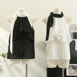 Women's Sweaters Women Top Summer High-level Design Sense Strapless Hanging Neck Slim Ruffles Chiffon Female Sweet Sexy Short Sleeveless