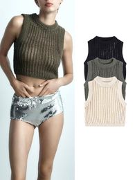 Women's Sweaters TRAF 2023 Summer Women Hollow Out Knitted Short Tops Fashion Female Sleeveless Oneck Pullover Solid Causal Three Colors 230831