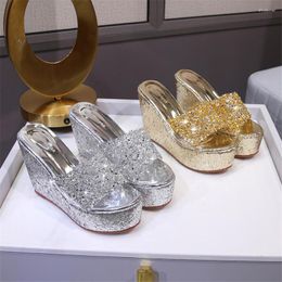 Slippers Fashion Sequined Cloth Women Open Toe Thick Bottom Casual Wedges Sandals Summer Platform High Heels Rome Shoes Gold