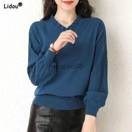 Women's Sweaters Thin Autumn Winter Loose Solid Pullovers Women's Clothing Office Lady Lantern Sleeve V-neck Ruched Casual Comfortable Striped HKD230831