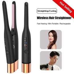 Hair Curlers Straighteners Wireless Electric Hair Straightener Rechargeable Instant Heating Curling Iron Flat Iron Hair Straighting Splint Curler Tools L230916
