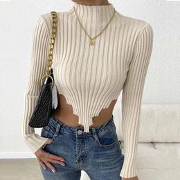 Women's Sweaters Sexy Short Tops Midriff-baring Irregular Design Long Sleeve Mock Neck Fashion Slim Knitwear SY2480