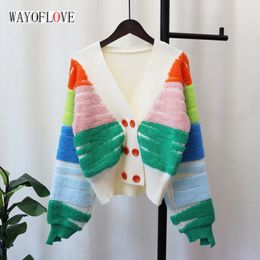 Women's Sweaters WAYOFLOVE Women's Sweater Cardigan Autumn Winter Contrast V-neck Double Breasted Loose and Lazy Flocking Knitted Cardigan Female 230831