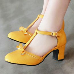 Sandals Summer Big Size 45 46 44 Yellow Blue Closed Toe Bowtie T-strap Women Shoes Mary Janes Pumps Square Med Heels Retro Lady