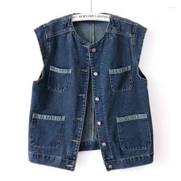 Women's Vests Vintage Dark Blue O Neck Pocket Denim Vest Women Waistcoat Casual Cowboy Sleeveless Jacket Korean Loose Short Jeans Female