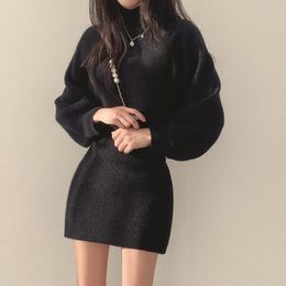 Work Dresses Korean Official Website Chic Winter French Knitted Vest Skirt Pullover High Neck Short Sweater Two-piece Set Clothes