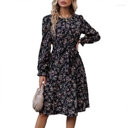 Casual Dresses Women's Neck Long Sleeve Floral Print Flowy A-Line High Waist Midi