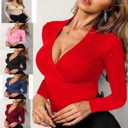 Women's Sweaters Sexy 2023 Autumn Casual Style Solid Knitted Pit Strip Pullover V-neck Slim Fit Spicy Girl Short Sleeve T-shirt Red Tops
