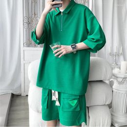 Men's Tracksuits Plus Size M-5XL Fashion Streetwear Summer Waffle Suit Lapel Short Sleeve Polo Shirts Shorts Loose Casual Two Piece Set