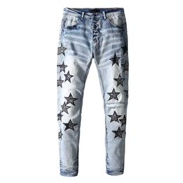 OFF Street Fashion Brand Washed Water Blue Cashew Flower Five-pointed Star Embroidery Patch Hole Slim Fit Jeans