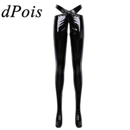 Womens Wetlook Patent Leather Crotchless Sexy Lingerie Open Crotch Trousers Erotic Pants With Waistband Night Roleplay Nightwear W267D