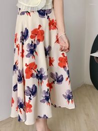 Skirts 2Colors Summer Female Long Floral Women Korean Style Vintage Elegant High Elastic Waist Holiday (KL5233)