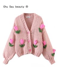 Women's Sweaters Street Fashion Women Knitted Cardigan Autumn Winter Handmade Tulip Decoration Lantern Sleeve Sweater Coat Female 230831