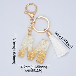 Keychains Lanyards 26 Initials Letter Key Chain White Fluffy Pompom Tassel Pendant Ornaments Gifts AZ Alphabet Keyring Resin Car Handbag Keychain 230831